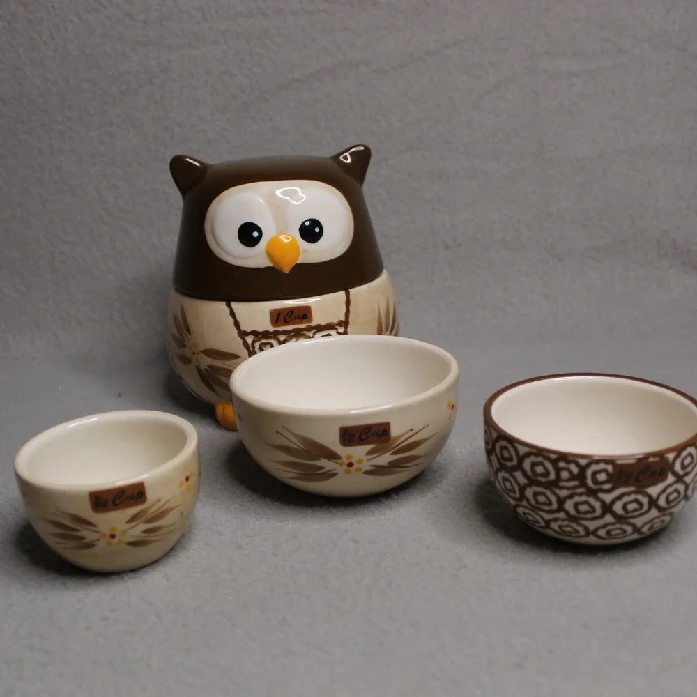 Temptations Owl Measuring Cup Set Brown Old World Ceramic Nesting Kitchen Decor